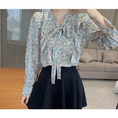 Floral Side Frill Blouse - Blue