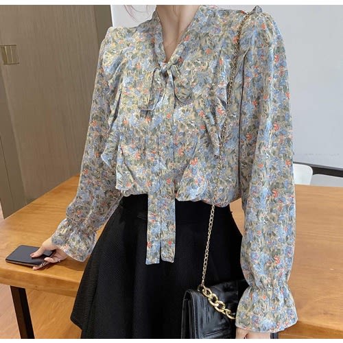 Floral Side Frill Blouse - Blue