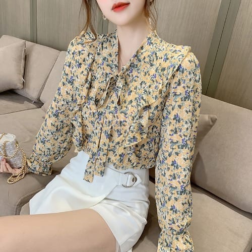 Floral Side Frill Blouse - Yellow