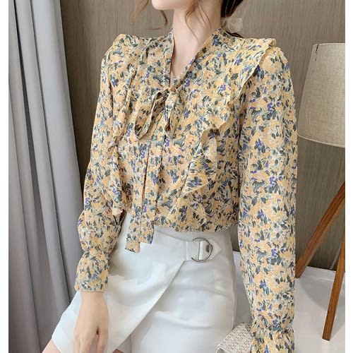 Floral Side Frill Blouse - Yellow