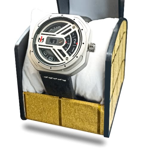 Men's Leather Silver Chrono Spin Wheel Wristwatch - Black
