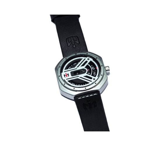 Men's Leather Silver Chrono Spin Wheel Wristwatch - Black