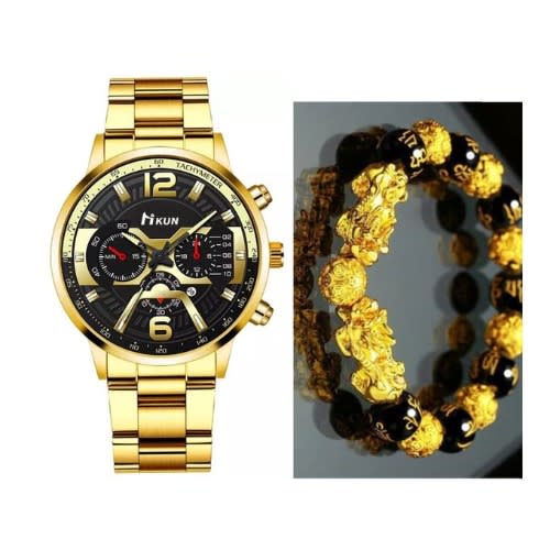 Studded Unisex Wristwatch & Obsidian Bracelet