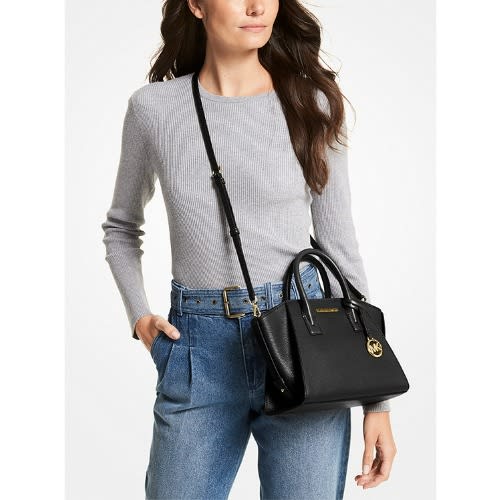 Avril Midi Leather Top-zip Satchel – Black