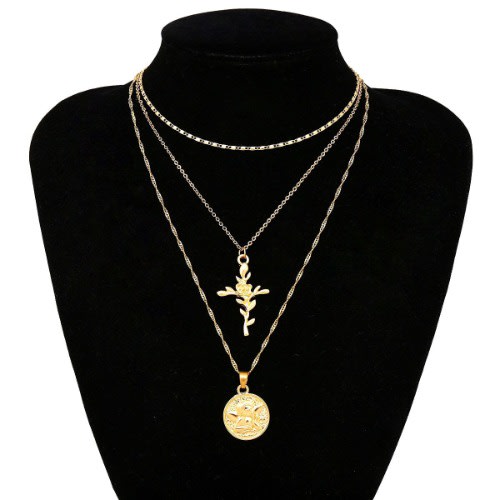 Rose Cross Pendant Layered Necklace- Gold