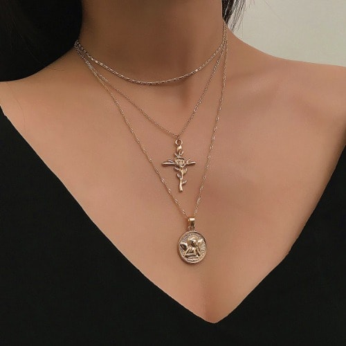 Rose Cross Pendant Layered Necklace- Gold