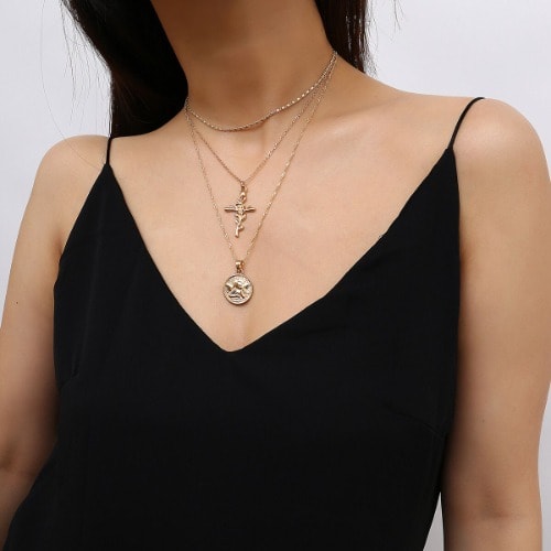 Rose Cross Pendant Layered Necklace- Gold