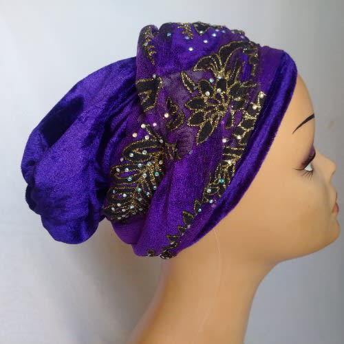 Double Wrap Laced Turban Head Wrap - Purple