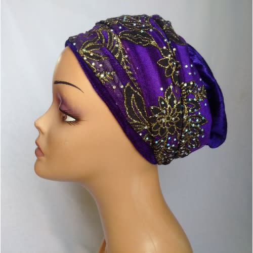 Double Wrap Laced Turban Head Wrap - Purple