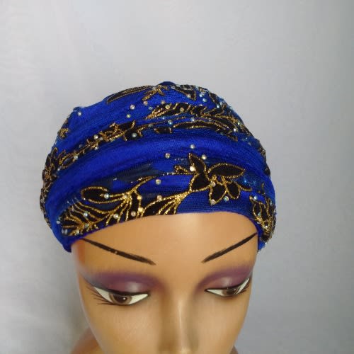 Double Wrap Laced Turban Head Wrap - Royal Blue