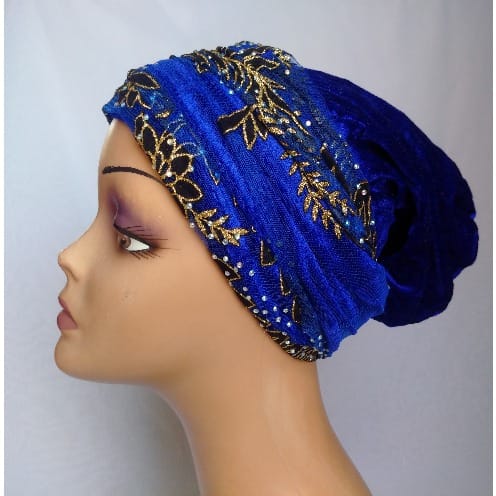 Double Wrap Laced Turban Head Wrap - Royal Blue