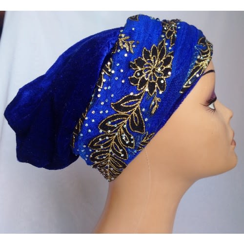 Double Wrap Laced Turban Head Wrap - Royal Blue