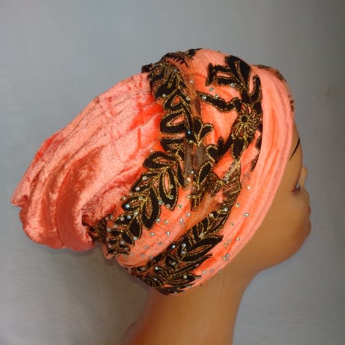 Double Wrap Laced Turban Head Wrap - Peach