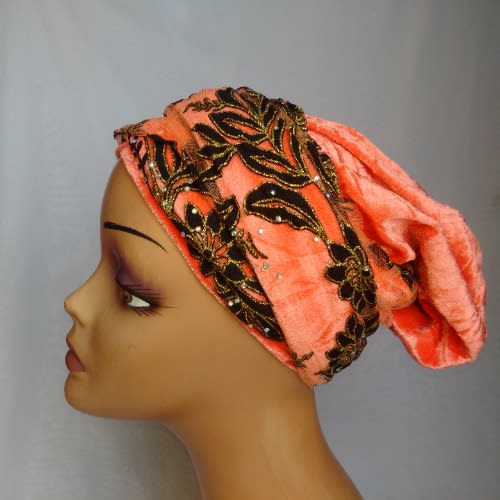 Double Wrap Laced Turban Head Wrap - Peach