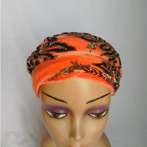 Double Wrap Laced Turban Head Wrap - Peach