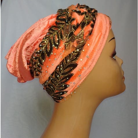 Double Wrap Laced Turban Head Wrap - Peach