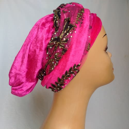 Double Wrap Laced Turban Head Wrap - Fuchsia Pink