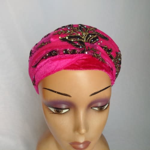 Double Wrap Laced Turban Head Wrap - Fuchsia Pink
