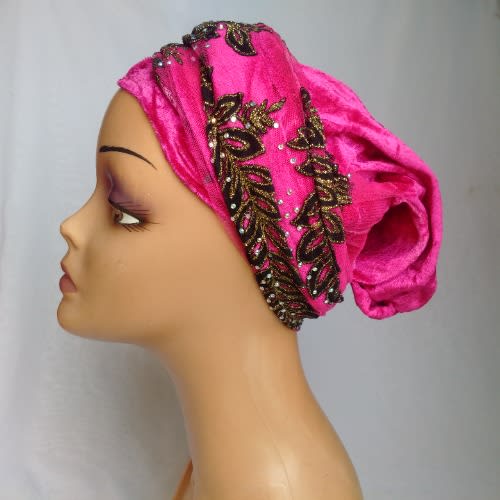 Double Wrap Laced Turban Head Wrap - Fuchsia Pink