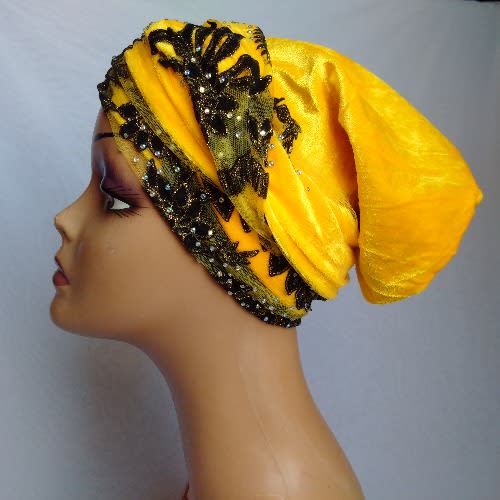 Double Wrap Laced Turban Head Wrap - Yellow