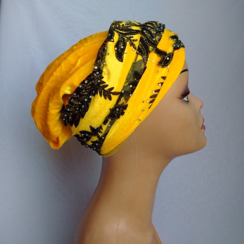 Double Wrap Laced Turban Head Wrap - Yellow