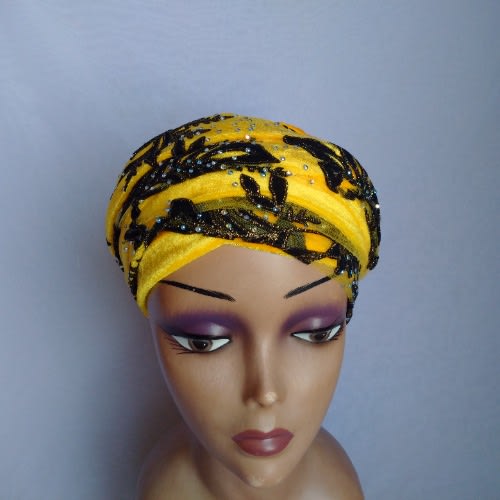 Double Wrap Laced Turban Head Wrap - Yellow