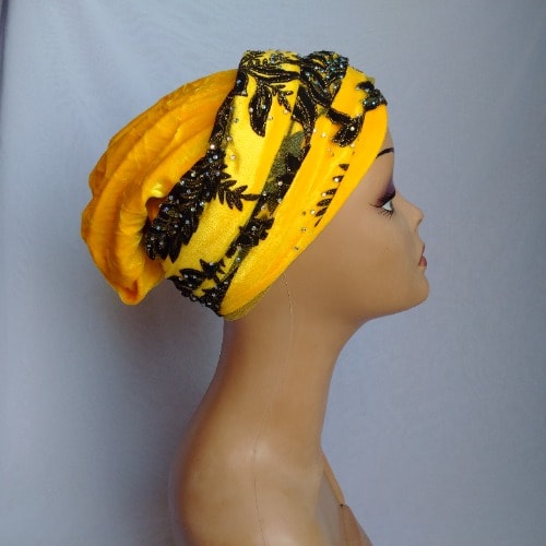 Double Wrap Laced Turban Head Wrap - Yellow
