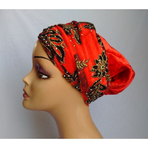 Double Wrap Laced Turban Head Wrap - Red