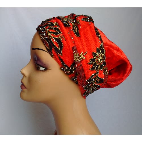 Double Wrap Laced Turban Head Wrap - Red
