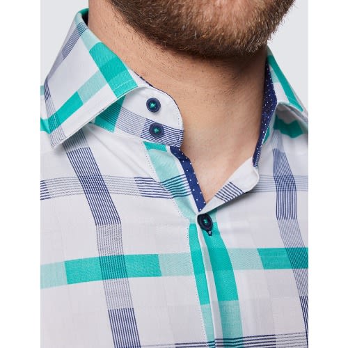 Men's Curtis White & Green Large Check Slim Fit Shirt - Low Collar