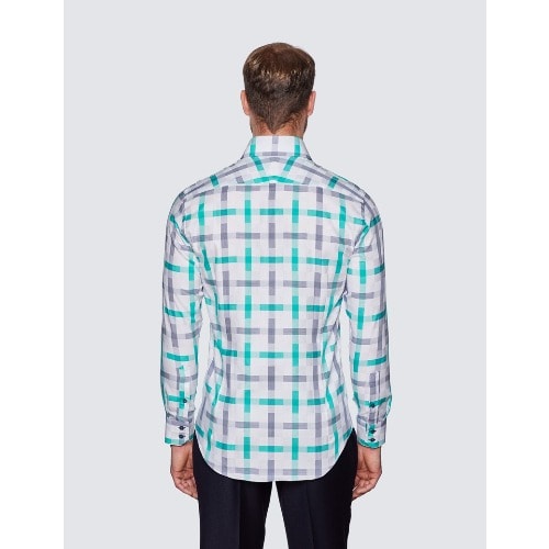 Men's Curtis White & Green Large Check Slim Fit Shirt - Low Collar