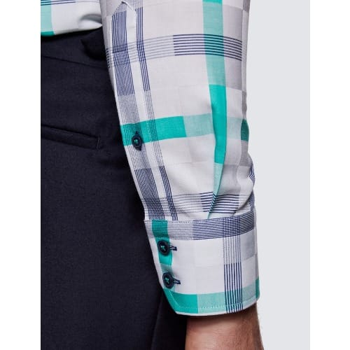 Men's Curtis White & Green Large Check Slim Fit Shirt - Low Collar