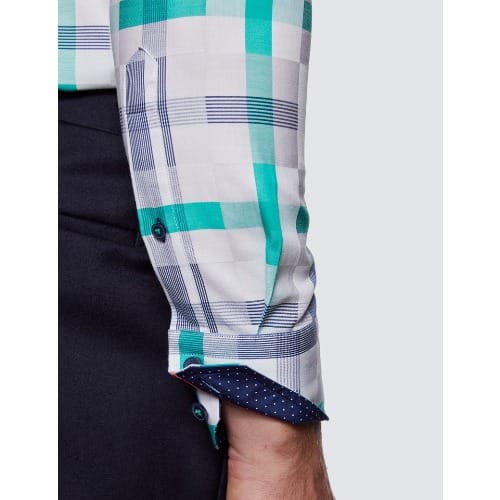 Men's Curtis White & Green Large Check Slim Fit Shirt - Low Collar