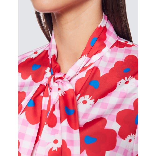 Women's Floral Gingham Check Print Bow Blouse - Pink & Red