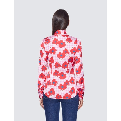 Women's Floral Gingham Check Print Bow Blouse - Pink & Red