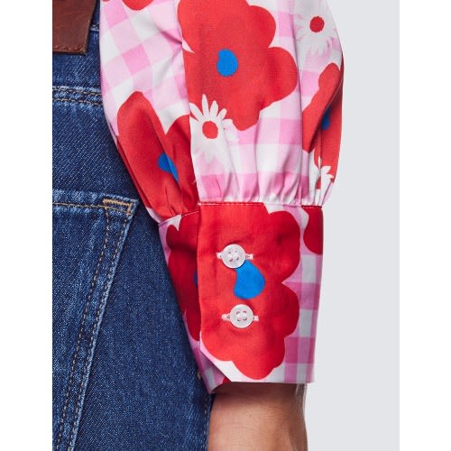 Women's Floral Gingham Check Print Bow Blouse - Pink & Red