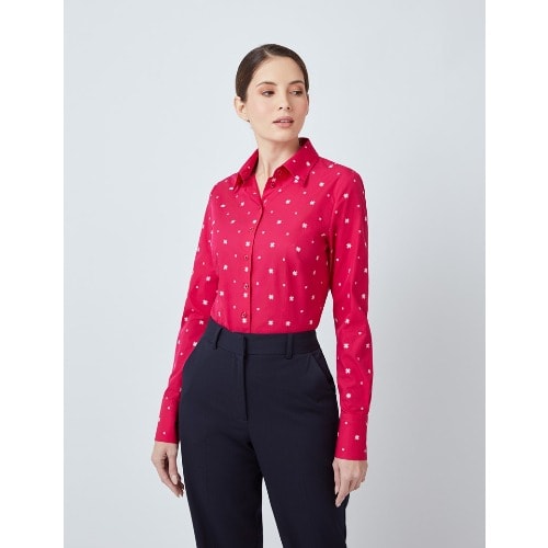 Women's Red Multi Stars Print Fitted Shirt