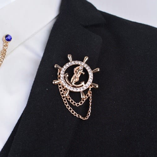 Lapel Pin Rudder Anchor Brooch With Chain Tassel - Gold.