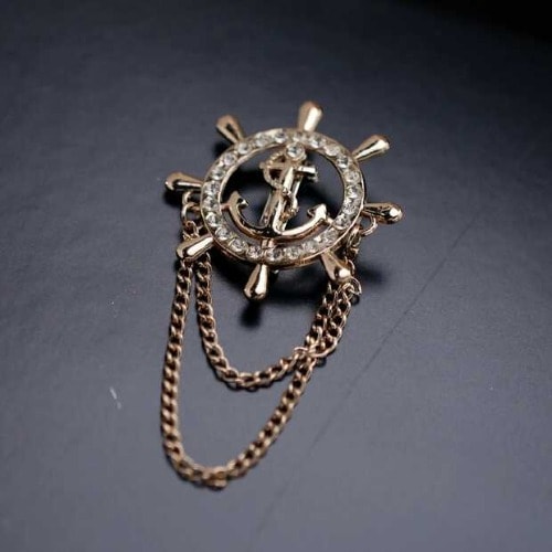 Lapel Pin Rudder Anchor Brooch With Chain Tassel - Gold.