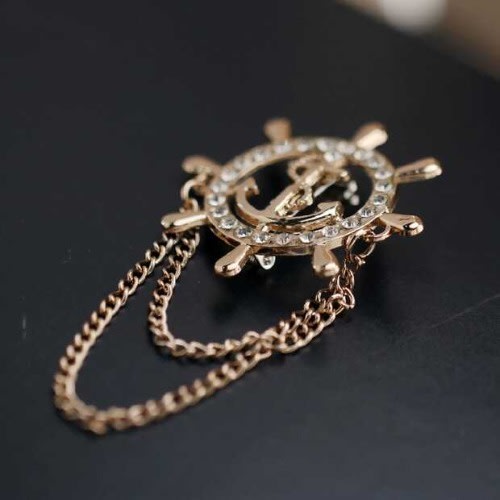 Lapel Pin Rudder Anchor Brooch With Chain Tassel - Gold.