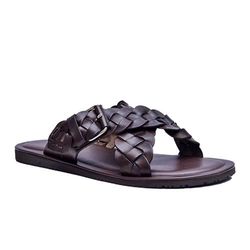 Brown Cross Leather Weave Slippers