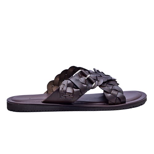 Brown Cross Leather Weave Slippers