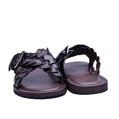 Brown Cross Leather Weave Slippers