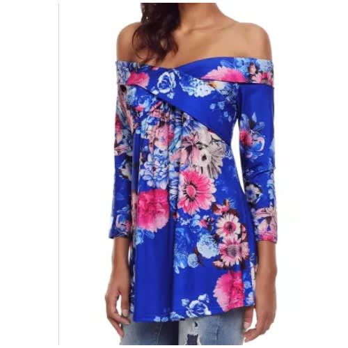 Blue Floral Off Shoulder Crisscross Top - Blue