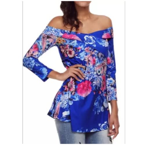 Blue Floral Off Shoulder Crisscross Top - Blue