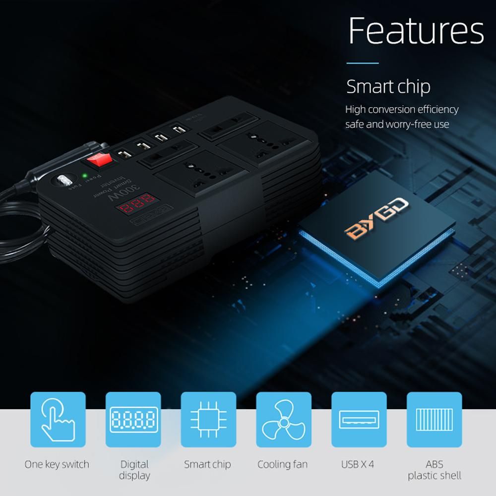 300W Car Inverter 12V to 220V Power Converter Automobile Electrical Inverter Transformer with 4 AC Outlets 4 USB Ports Voltage Display for Car Truck RV