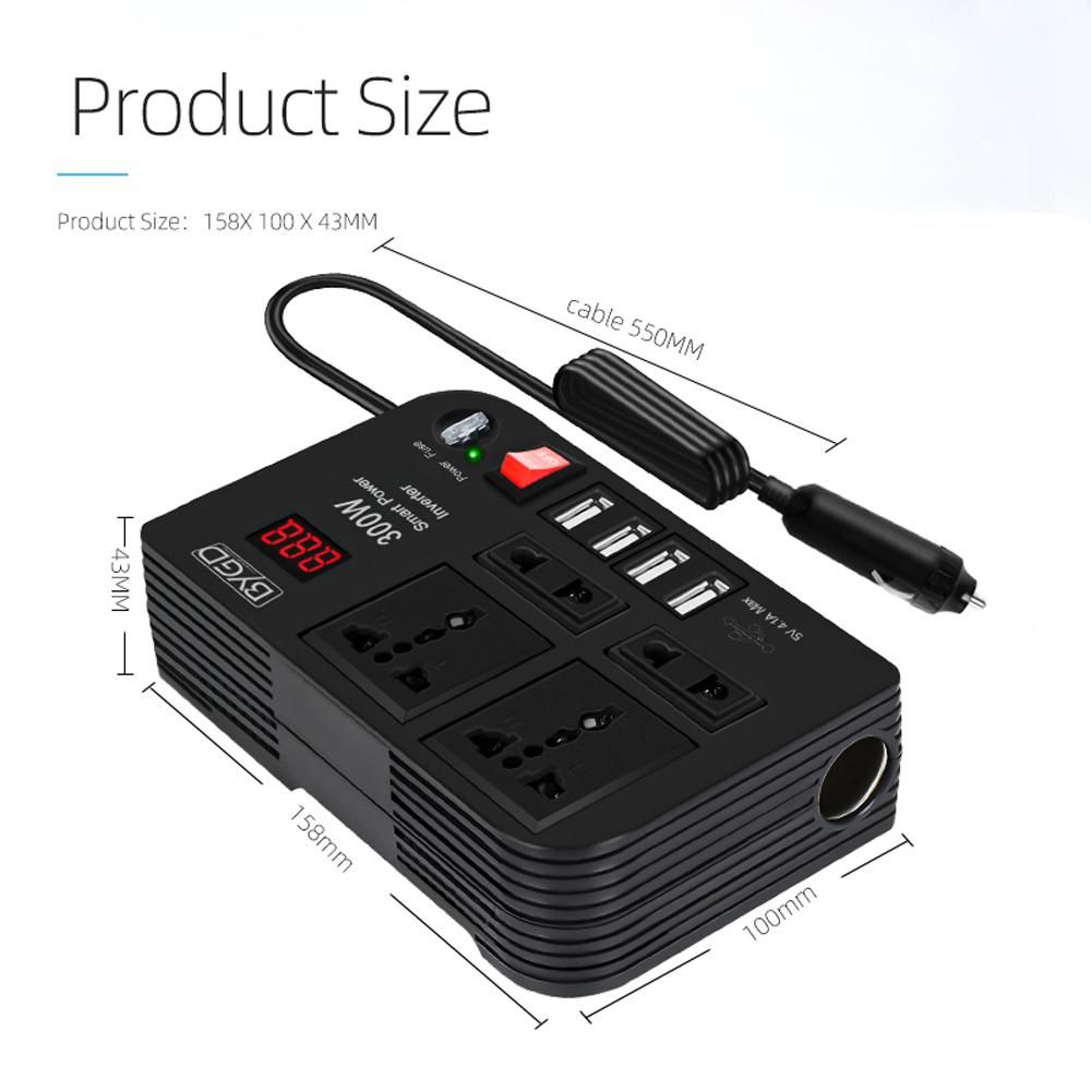 300W Car Inverter 12V to 220V Power Converter Automobile Electrical Inverter Transformer with 4 AC Outlets 4 USB Ports Voltage Display for Car Truck RV