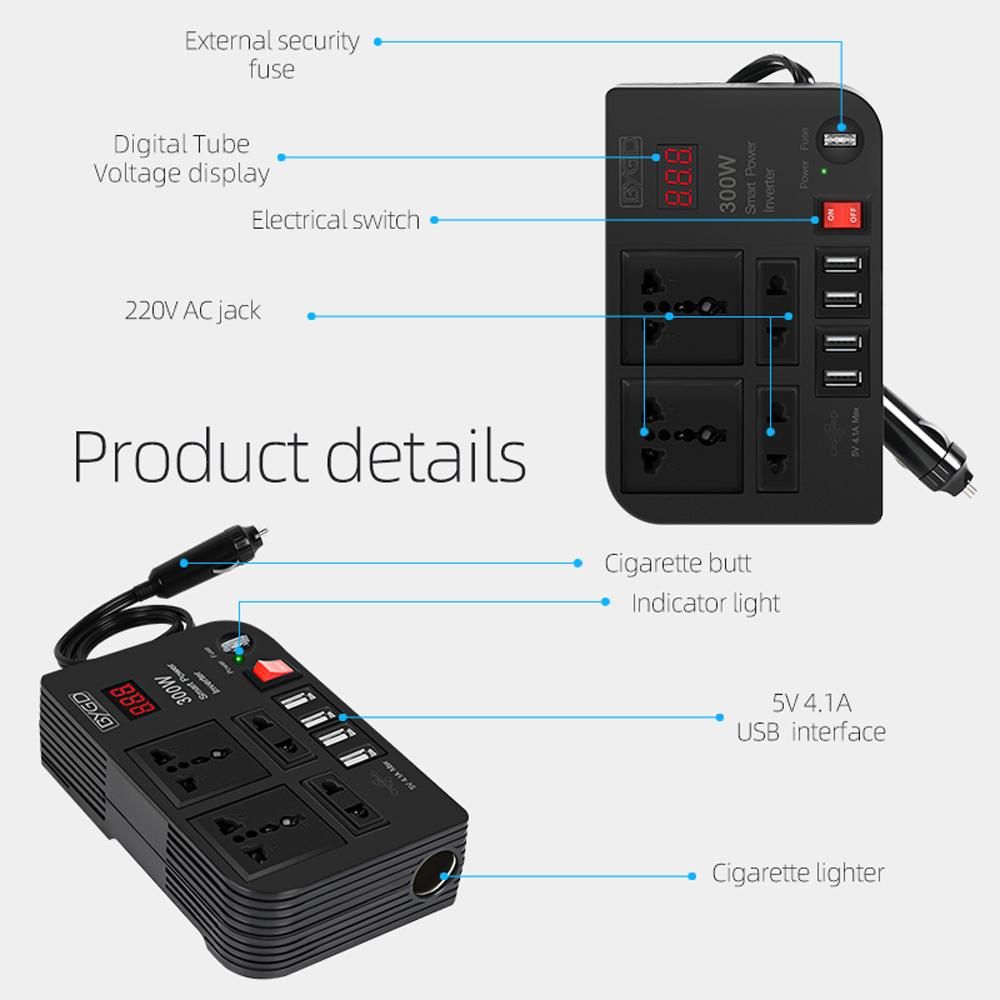 300W Car Inverter 12V to 220V Power Converter Automobile Electrical Inverter Transformer with 4 AC Outlets 4 USB Ports Voltage Display for Car Truck RV
