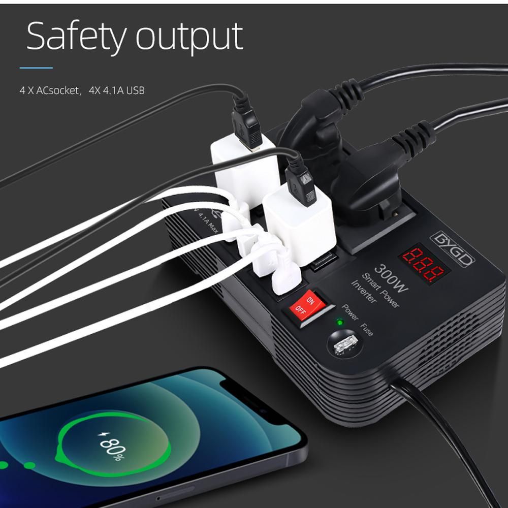 300W Car Inverter 12V to 220V Power Converter Automobile Electrical Inverter Transformer with 4 AC Outlets 4 USB Ports Voltage Display for Car Truck RV