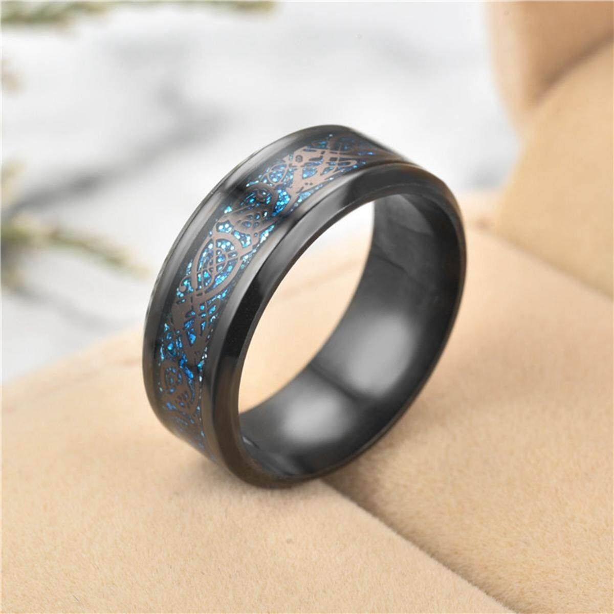Men's Rings Stainless Steel Titanium Silvering Dragon Christmas Gift Band Thumb Black Blue Background Black Chip 12